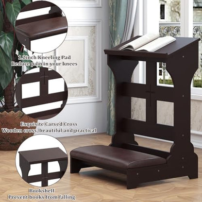Prayer Kneeler, Wooden Prayer Kneeler Bench with Shelf and Cushion | Kneeler for Home and Church, Padded Prayer Bench with Slanted Shelf for Bible, Prayer Table at Home