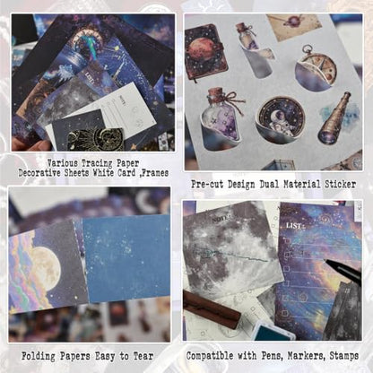 Diuhofart Star Trails Scrapbooking Kit, 128 Pcs Journal Set | Includes A6 notebook, galaxy papers, PET stickers, washi tape and ephemera for celestial journals, cards and memory books. - color: Star Trails Postman