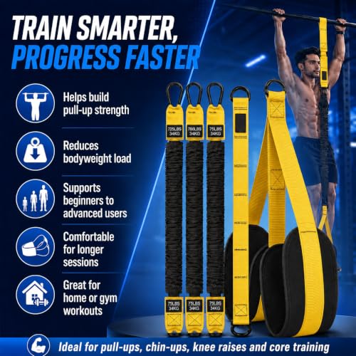 Pull Up Assistance Bands 75Ibs, Heavy Resistance Bands for Pull Ups with Adjustable Foot Rest, Exercise Bands for Strength Training, Workout Bands for Home Gym Fitness Equipment. (Yellow)