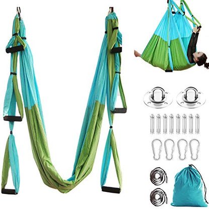 Aerial Trapeze Yoga Hammock Kit - Ultra Strong Antigravity Yoga Flying Sling Inversion Swing Tool Set - color: Mixed Green
