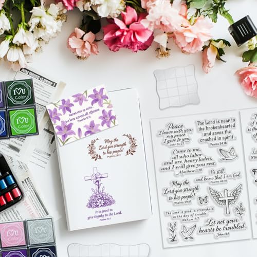 6Pcs Christian Bible Verse Clear Stamps for Card Making Easter Blessing 20 Craft Ink Pad 3 Acrylic Stamp Block Silicone Stamp with Greeting Words Rubber Stamps for Crafting DIY Scrapbooking - style: 29Pcs Biblical Blessings Clear Stamps