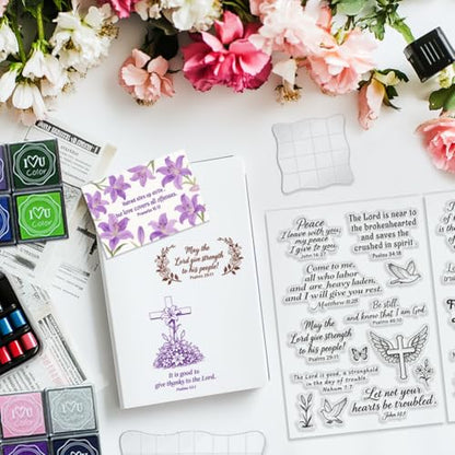 6Pcs Christian Bible Verse Clear Stamps for Card Making Easter Blessing 20 Craft Ink Pad 3 Acrylic Stamp Block Silicone Stamp with Greeting Words Rubber Stamps for Crafting DIY Scrapbooking - style: 29Pcs Biblical Blessings Clear Stamps