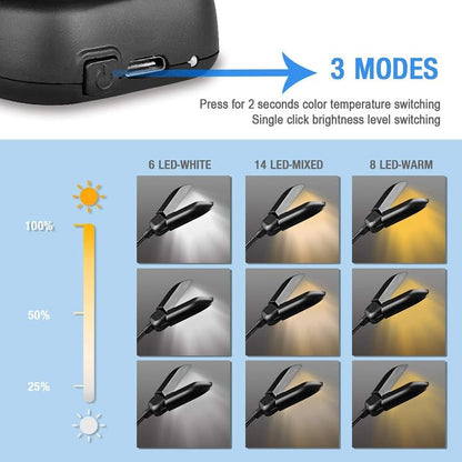 Vekkia 14 LED Rechargeable Book Light for Reading at Night | Eye-Care Reading Light for Books in Bed/180° Adjustable, Clip on Lamp/3 Color Temperatures, Lightweight - color: Jet Black