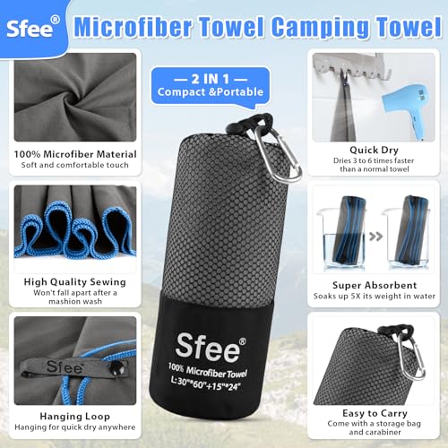 Sfee 2 Pack Microfiber Travel Towel, Quick Dry Towel Camping Towel Super Absorbent Compact Lightweight Sports Towel Swim Gym Towels Beach Towel Set for Gym, Hiking, Pool, Backpacking, Bath, Yoga - color: Grey, size: M 48"x21"+24"x15"