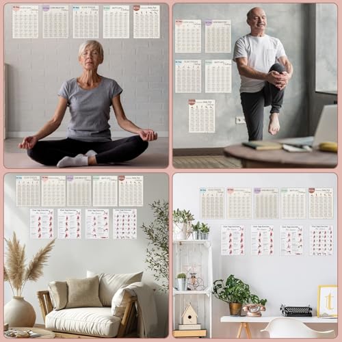 Chair Yoga Poster for Seniors & Beginners – Set of 4 Illustrated Guides & 5 30-Day Challenges Workout Plans, Exercise Charts for Mobility, Balance, Flexibility, Stretching Home Fitness
