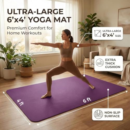 Large Yoga Mat 6'x 4'（72”x 48”）—1/4" &1/3" Extra Wide Exercise Mat 183cm x 122cm Large Exercise Mat Big Home Yoga Mat Pilates Mat,Non Slip,Thick,TPE Workout Mat,for Women & Men, Yoga, Pilates, Gym and Floor Workouts Pilates - color: Purple-6mm