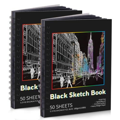 Black Paper Sketchbook 2 Pack, 5.5 × 8.5 in, 100 Sheets, Spiral Bound | 160gsm Acid-Free Black Paper, Sturdy Spiral Binding, Clean Tear-Out Pages, Ideal for Colored Pencils, Chalk, And Gel Pens - size: 5.5×8.5 Inch (2 Pack )