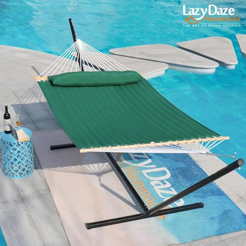 Lazy Daze 12 FT Double Quilted Hammock with Spreader Bar for Outside, Green | 2 Person Heavy Duty Hammock with Detachable Pillow and Carabiners for Outdoor Backyard Poolside, 450lbs Weight Capacity - color: Dark Green