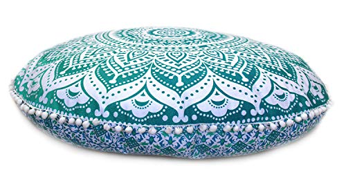 CRAFT KALA 32 Inch Meditation Floor Pillow Cover Round Pillow Seating Hippie Decorative Adults Bohemian Mandala Cushion Cover Outdoor Living Room Throw Ottoman Poufs Cover (Green Ombre) - color: Green Ombre