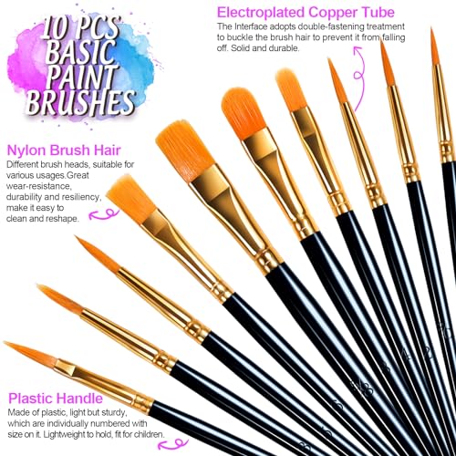 FANDAMEI Round Paint Tray Palettes and Paint Brushes Set, Paintbrushes, 3 PCS Plastic Paint Palettes Pallets, 10 PCS Acrylic Paint Brushes, Nylon Hair Painting Brushes, for Acrylic Oil Watercolor - color: Black