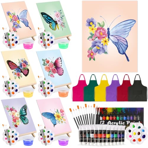 Cholemy 6 Set Paint and Sip Kit for Adults 8"x 10" Pre Drawn Canvas Painting with Wooden Easel Acrylic Paint Wash Cup Brushes Palette Apron for Painting DIY Adult's Date Party Supplies (Butterfly) - style: Butterfly