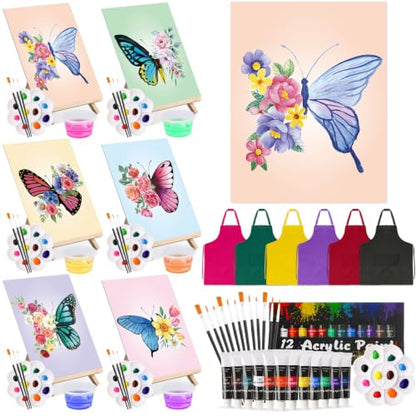 Cholemy 6 Set Paint and Sip Kit for Adults 8"x 10" Pre Drawn Canvas Painting with Wooden Easel Acrylic Paint Wash Cup Brushes Palette Apron for Painting DIY Adult's Date Party Supplies (Butterfly) - style: Butterfly