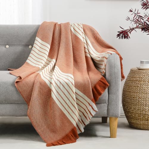 BOURINA Throw Blanket Boho Striped Fringe Throw, Lightweight Woven Tassel Decorative Blanket for Couch Sofa Bed, Farmhouse Accent Blanket for Living Room Bedroom，Orange 50x60 inches - color: Stripes-orange