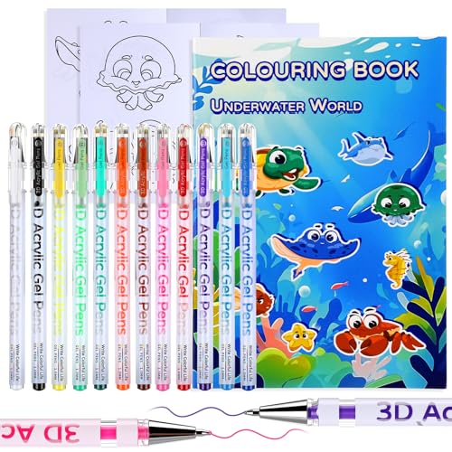 Coloring Kit Acrylic Gel Pens Set with Coloring Book 1.0 mm Medium Tip Gel Pens 12 Color with 18 Ocean Color Pattern 3D Acrylic Paint Pen for Adult Drawing Journaling Art Supplies Gift
