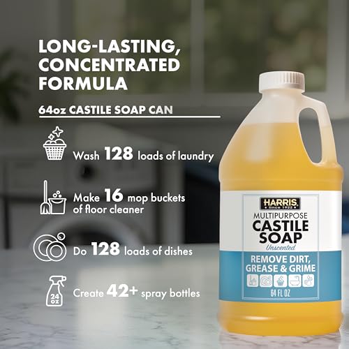 HARRIS Multi-Purpose Pure Liquid Castile Soap with Micro Fiber Towel for Home Cleaning, For Dish Soap, Laundry Detergent, Kitchen and Bathroom Surfaces, Kids Rooms, Unscented, 64 Oz