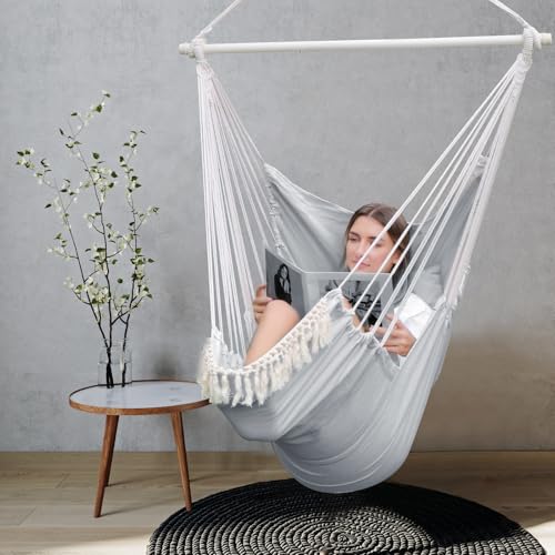 Chihee Hammock Chair Foot Rest 2 Cushions Max 485 lbs Metal Spreader Bar | Robust Hanging Chair Soft Cotton Blended Swing Collapsible Easy Storage Strong Strap Iron Carabiner Pocket Indoor Outdoor - color: Light Grey