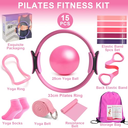 Pilates Ring Equipment Set, Home Pilates Kit for Women with 13’’ Magic Ring with Dual Padded Handles, Small Pilates Ball, 5 Resistance Bands & Complete Fitness Guide, Pilates Essential Accessories - color: 15pcs Pink