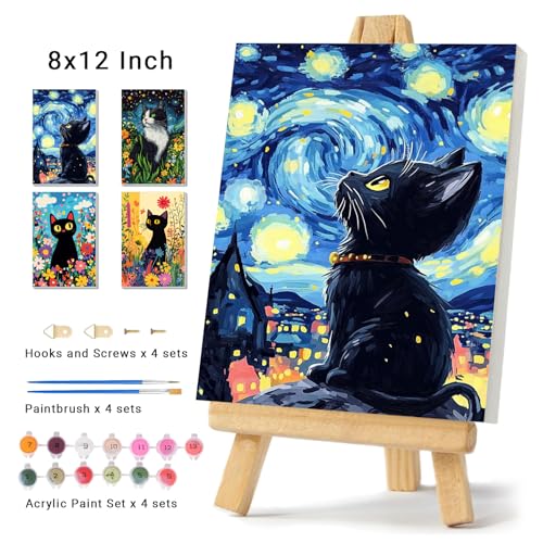 4 Pack Framed Paint by Numbers Kit for Adults Beginner Canvas Painting by Numbers for Adults Black Cat Easy Adult Paint by Number Kits with Frame Starry Night Watercolor Painting by Number 8x12 Inch - color: YFd0104