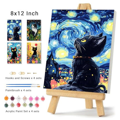 4 Pack Framed Paint by Numbers Kit for Adults Beginner Canvas Painting by Numbers for Adults Black Cat Easy Adult Paint by Number Kits with Frame Starry Night Watercolor Painting by Number 8x12 Inch - color: YFd0104