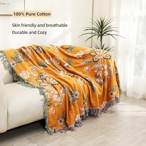 VANJOROY Boho Large Throw Blanket, 100% Organic Cotton Breathable Soft Bed Throw - Floral Bird Farmhouse Decor Blanket for Sofa Couch Chair Quilt and Gift. (Flower-Art, 91" x 98") - color: Flower-art-b, size: King (91" X 98")