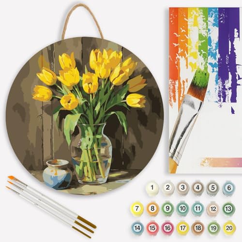 Floral Still Life Paint by Numbers Kit for Adults on Wood Board – DIY Yellow Tulips in Glass Vase Wood Craft Painting Kit, 12 in Round, Acrylic Paint Set, Beginner-Friendly, Relaxing Home Decor Gift - color: FM06279