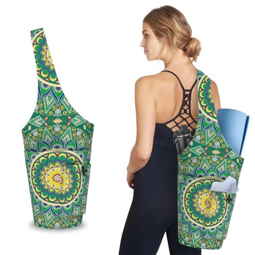 Mandala Yoga Mat Bag with Large Waterproof Zipper Pocket and Drawstring Pocket Long Tote Yoga Mat Carrier Holder Bags Fit Most Size Mats - color: Green