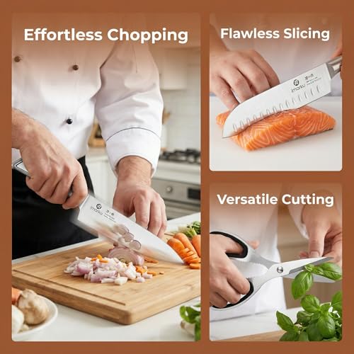 imarku Gyutou Knife Set, High Carbon Steel, Block & Sharpener, Gift Box | 56 HRC Hardness, 15° Razor Sharp Edge, Ergonomic Non-Slip Handle, Brown Wood Block, Ideal Gift for Cooking Enthusiasts - color: Silver/Brown