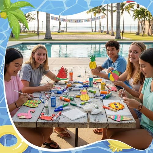 Saypacck 24 Pcs Summer Beach Party Favors Wooden Paint Craft Kits | Hawaiian Theme Kids Crafts, Includes Paints Brushes Organza Bags, Goodie Fillers for Preschool Birthday Gifts - style: Summer