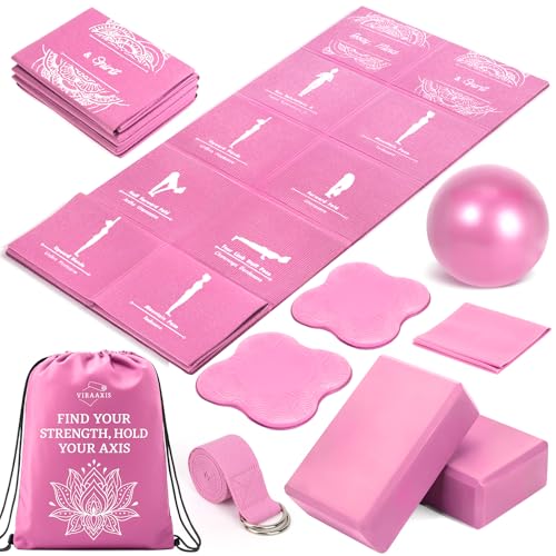 Foldable Non-Slip Yoga Mat and Blocks Set for Women, 9-Pcs Yoga Starter Kit - color: Pink