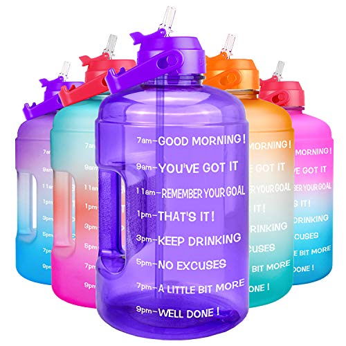QuiFit 1 Gallon Water Bottle - with Straw & Motivational Time Marker Leak-Proof BPA Free Reusable Gym Sports Outdoor Large(128OZ/73OZ) Capacity Water Jug - color: QFB11 Light Purple, size: 128 Ounces