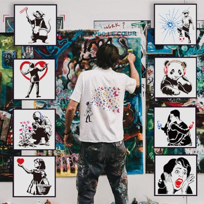 FINGERINSPIRE 9 Pcs Banksy Painting Stencil with Brush 11.8x11.8inch Painting Rat Graffiti Man Soccer Boy Deep Thought Panda Drawing Template Hugging Couple Screaming Woman DIY Stencil for Painting - style: Banksy Style Set
