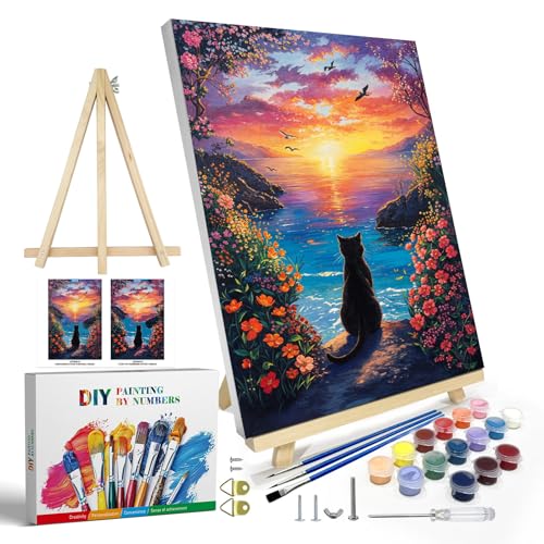 JOOZ Paint by Numbers Kit for Adults with Frame, Black Cat Paint by Number with Easel, DIY Seaside Sunset Flowers Paint by Numbers Landscape for Home Wall Decor 8 x 12 Inch - color: Black Cat/Seaside Sunset