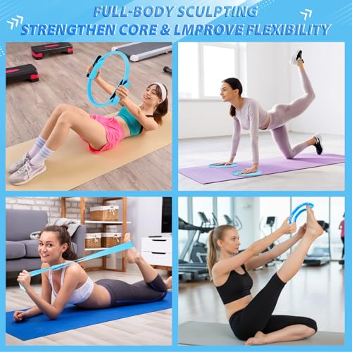 Halloscume 24 Pcs Pilates Kit, Home Pilate Equipment for Women, Pilates Ring and Ball Set with Stretching Strap, Water Bottle, Magic Circle, Yoga Ring, Gym Bag, Resistance Band, Anti Slip Sock - color: Blue