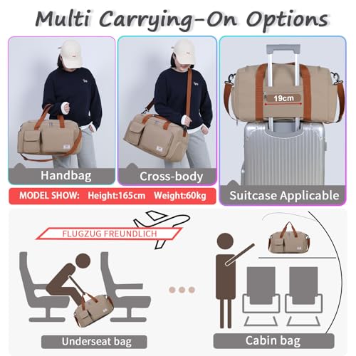 FIORETTO Women's Gym Duffle Bag with Shoes Compartment, 30L Capacity, Ideal for Travel, Gym, Sports, Duffel, Weekender - color: Khaki, style: Gym Bag With Toiletry Bag