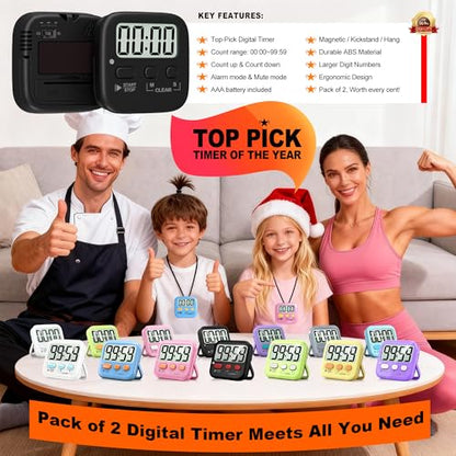 Antonki 2 Pack Digital Timer for Kids Classroom Kitchen Timers for Cooking | w/ Battery, Easy to View, Alarm, Mute Mode, Count Down/Up, Magnetic, Kickstand, Hanging, Classroom Timer for Teacher Supplies - color: Rich Black *2