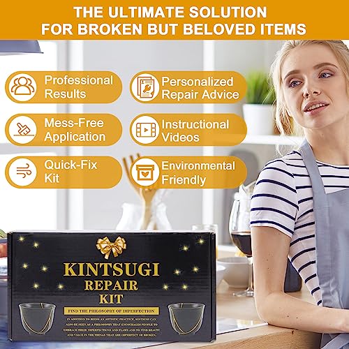 deuvuo Kintsugi Repair Kit Gold, 21 Pcs Authentic Kintsugi Repair Kit to Revive Your Broken Ceramic, Pottery, Mug, Bowl, Glass Keepsakes with Ease - Japanese Art DIY Set Bio for Beginners