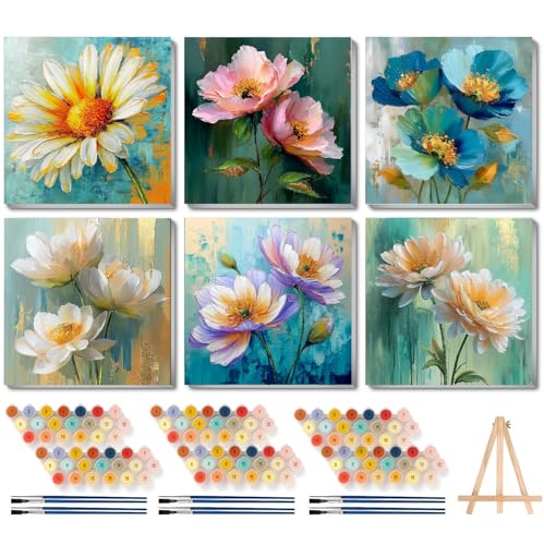 Canrichshop 6 Pack Paint by Numbers Kit for Adults,Framed Adults' Paint-by-Number Kits with Wooden Easel, DIY Flowers Acrylic Oil Painting Number Kits for Wall Decor 8x8 inch - color: BKH2617~BKH2622