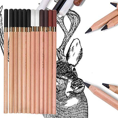 hong 12PCS 4 Colors Sketching Pencils Wooden Charcoal Drawing Pencil Art Supplies with Gift Box for Art Students, Beginners, Professional Painter, White/Sanguine/Sepia/Black Charcoal Pencils