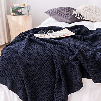 Longhui bedding Large 100% Cotton Navy Blue Cable Knit Throw Blanket for Couch Sofa Bed with Bonus Laundering Bag – 60 x 80 Inches, 3.4 LB, Dark Navy, Machine Washable - color: Navy Blue, Stripe Pattern, size: 60"x80"