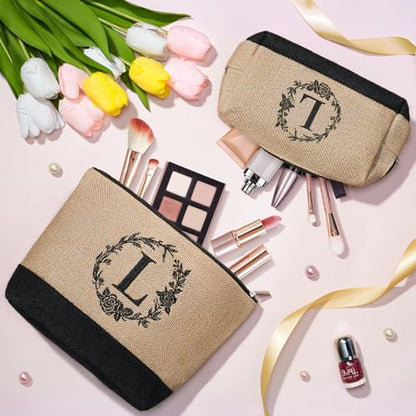 Personalized Birthday Gifts for Women, Monogrammed Initial Jute Tote Bags | Beach Tote Bag & Makeup Bags w/ Zipper, Christmas Women Gifts for Mom Her Friends Sister Coworker Nurse Teacher Appreciation - style: N