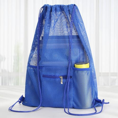 NATURAL STYLE Mesh Drawstring Backpack Bag, Gym Sports Bag with Zipper Pocket Bottle Holder, String Beach Bag for Swiming Travel (Blue) - color: Blue