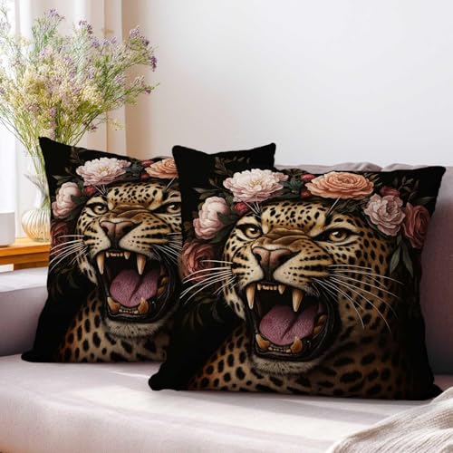 Leopard Throw Pillow Covers 18x18 Set of 2 | Roaring Wild Cat Decorative Cushion Covers | Black Floral Pillowcases for Sofa Couch Bed Living Room Bedroom Home Decor - color: Leopard Art