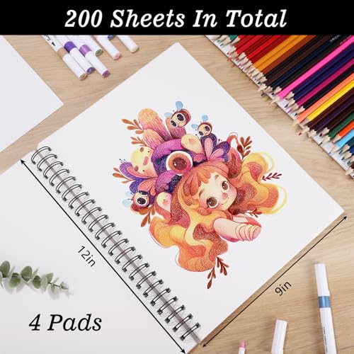 4 Pack Mixed Media Sketchbook 9×12 in, Spiral Bound, 200 Sheets Sketch Pads | 160gsm Acid-Free Paper, Flat-Lay Spiral Design, for Dry Media, Mixed-Media Project & Back-to-School Gifts - color: fruit, size: 9 x 12 inch (4 pack)