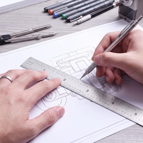 EBOOT 2 Pcs Stainless Steel Ruler Machinist Engineer Ruler with Markings 1/8, 1/16, 1/32, 1/64 Inch for Engineering, School, Office, Architect, and Drawing (14 Inch) - size: 14 Inch