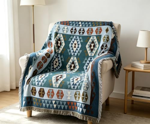 Luxlovery Blue Bohemian Sofa Throw Blankets Ethnic Woven Boho Geometric Blue and Khaki Throw Blanket for Couch Aztec Bed Throws Oversized Chair Sofa Cover with Tassels(63"x86") - color: Blue Turkey, size: 63"x86",160x220cm
