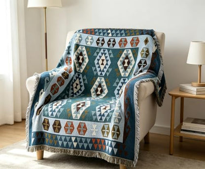 Luxlovery Blue Bohemian Sofa Throw Blankets Ethnic Woven Boho Geometric Blue and Khaki Throw Blanket for Couch Aztec Bed Throws Oversized Chair Sofa Cover with Tassels(63"x86") - color: Blue Turkey, size: 63"x86",160x220cm