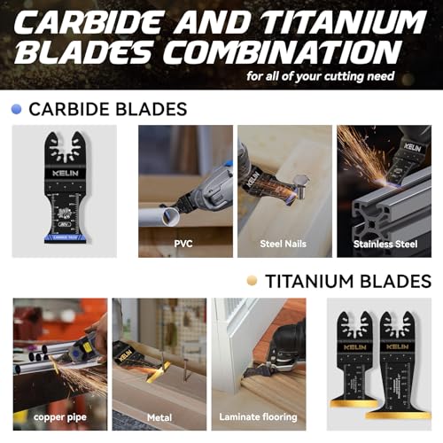 6 PCS Carbide Titanium Oscillating Blade,Universal Multitool Blades | Heavy Duty Oscillating Tool Saw Blades for Steel Bolts Screws Metal Wood Cutting with Hangable Case,Fit For Bosch Fein Dewalt - size: 6 PCS (Carbide + Titanium)