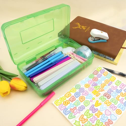 Green Pencil Case Box Large Plastic Hard Pencil Case Crayon Box Makeup Organizer for Desk Crayon Boxes Plastic 1 Pack Storage Container Organizer Boxes for Pens School Stylish Office Supplies Storage - color: Green