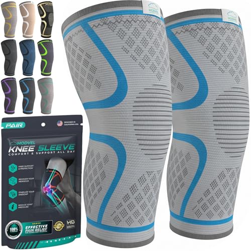 Modvel Compression Knee Brace for Women & Men - 2 Pack Knee Brace for Women Running Knee Pain, Knee Support Compression Sleeve, Workout Sports Knee Braces for Meniscus Tear ACL & Arthritis Pain Relief - color: GREY BLUE, size: Medium