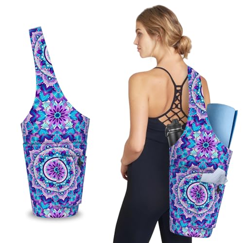 Mandala Yoga Mat Bag with Large Waterproof Zipper Pocket and Drawstring Pocket Long Tote Yoga Mat Carrier Holder Bags Fit Most Size Mats - color: Purple